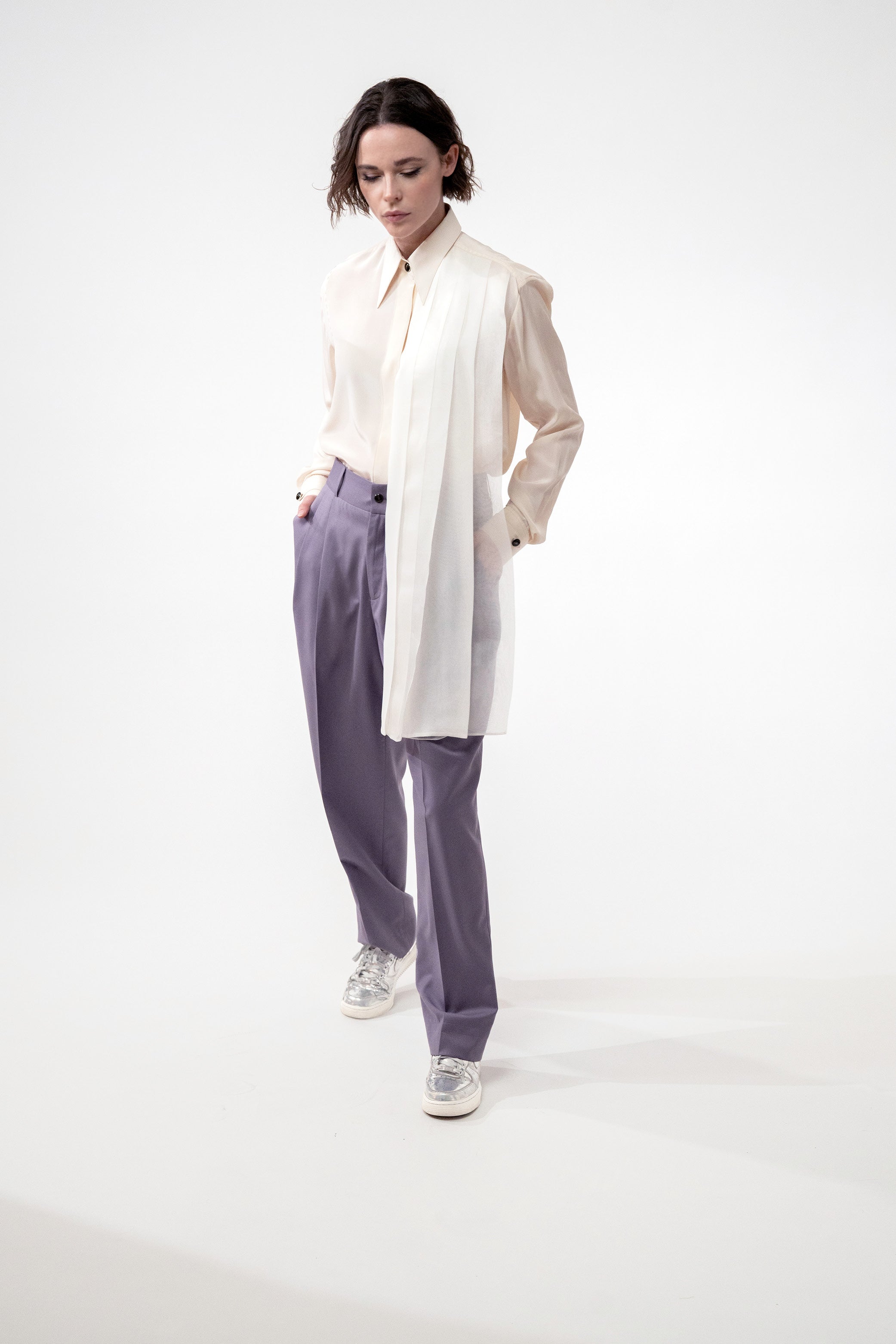 LUXEMBOURG Ivory cream - silk pleated shirt