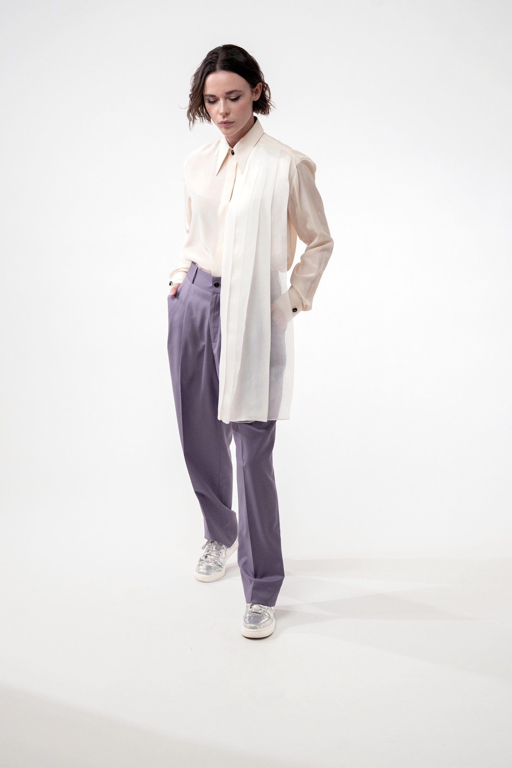 LUXEMBOURG Ivory cream - silk pleated shirt