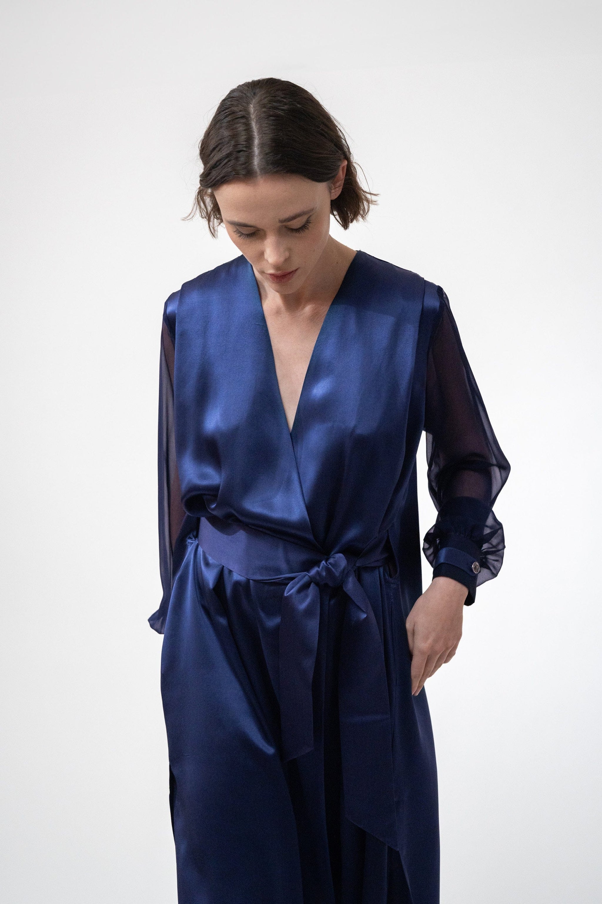 San Francisco - Silk Satin and Chiffon Wrap Dress in Night Blue