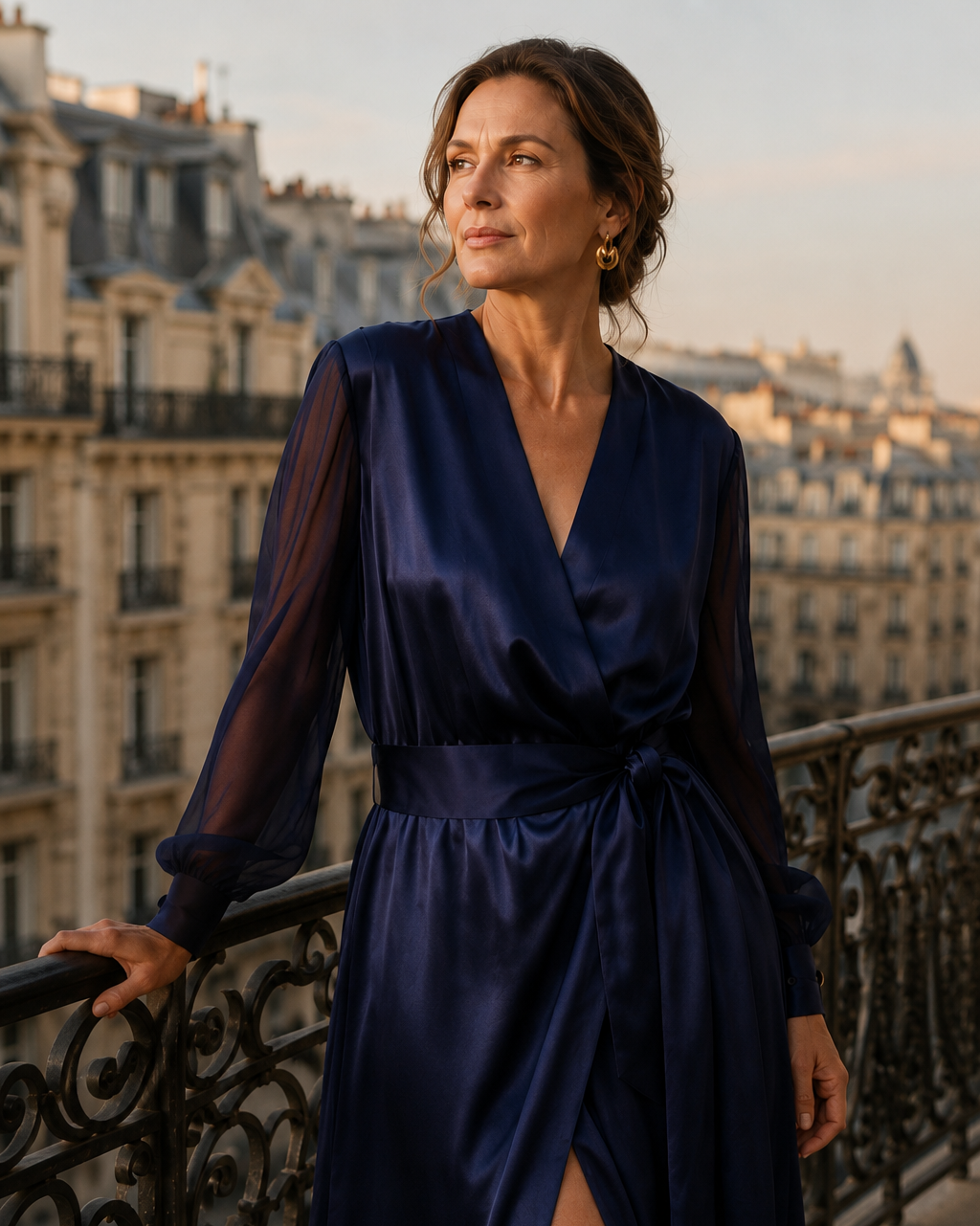 San Francisco - Silk Satin and Chiffon Wrap Dress in Night Blue