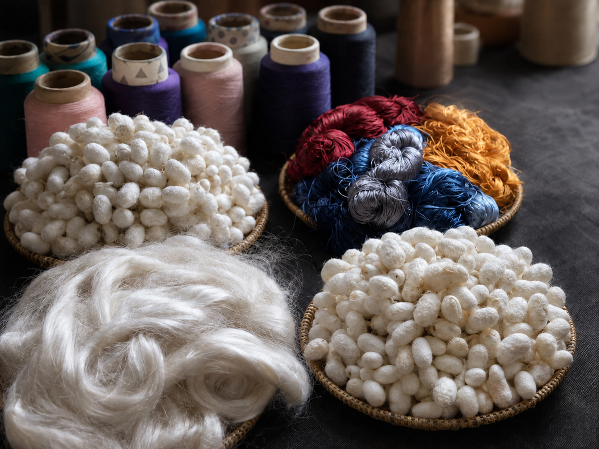 Silk swatches showing the depth and contrast of the house palette