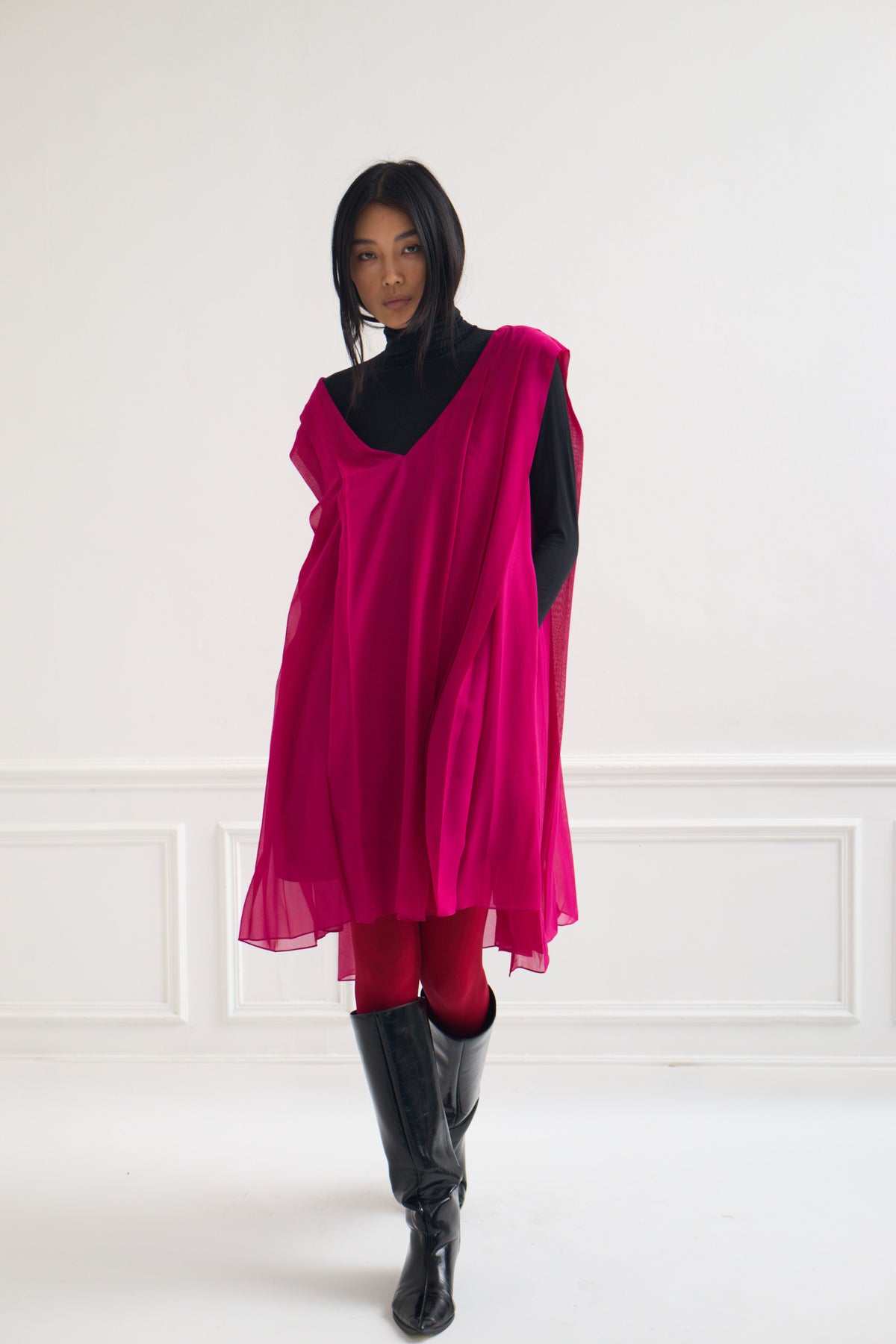 Art Deco - Pleated Silk Chiffon Dress in Rose Fuchsia