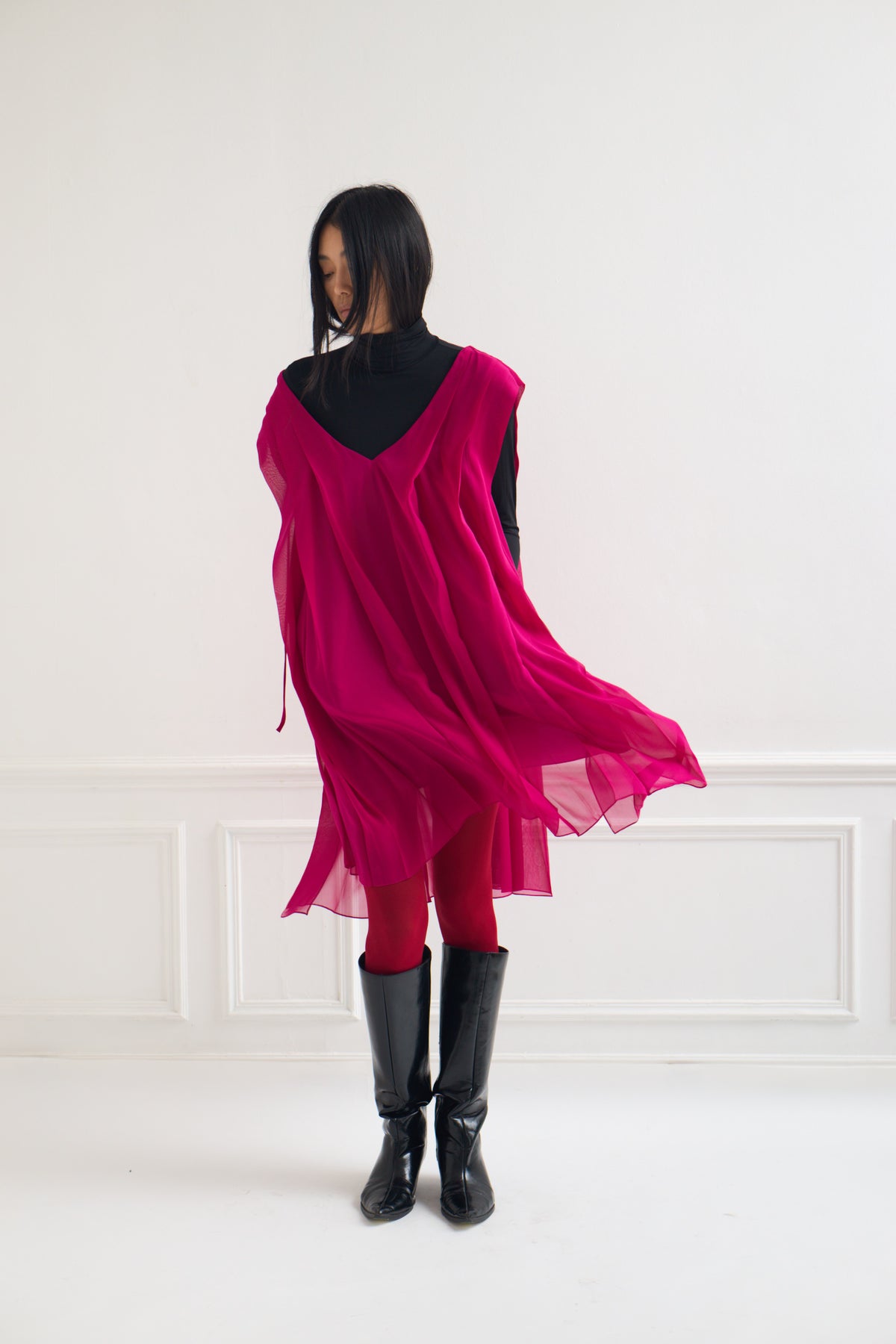 Art Deco - Pleated Silk Chiffon Dress in Rose Fuchsia