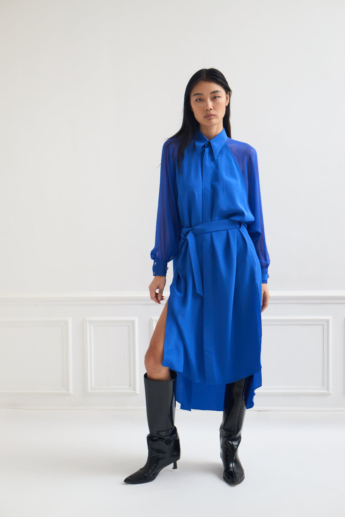 Land - Silk Shirt Dress in Electric Blue