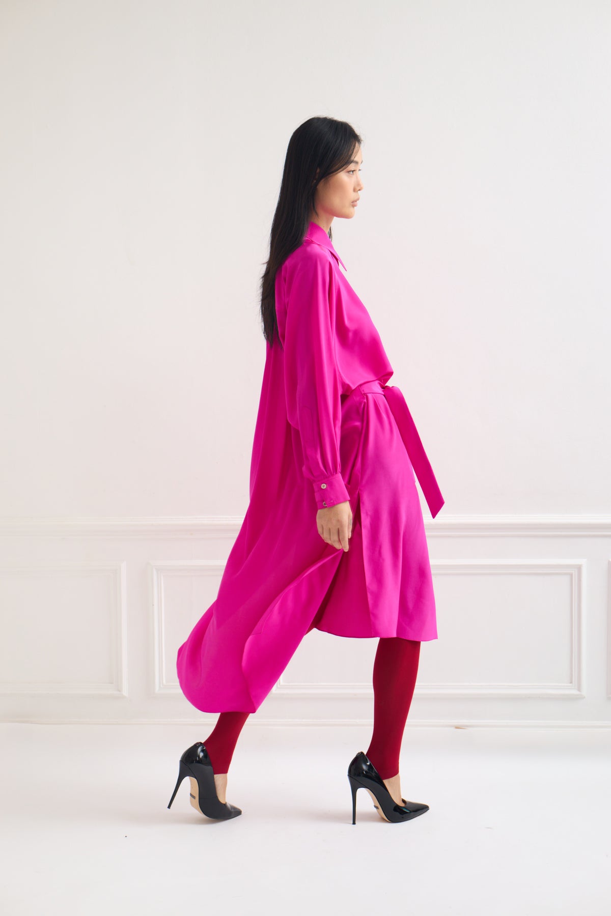 Land - Silk Shirt Dress in Fuchsia