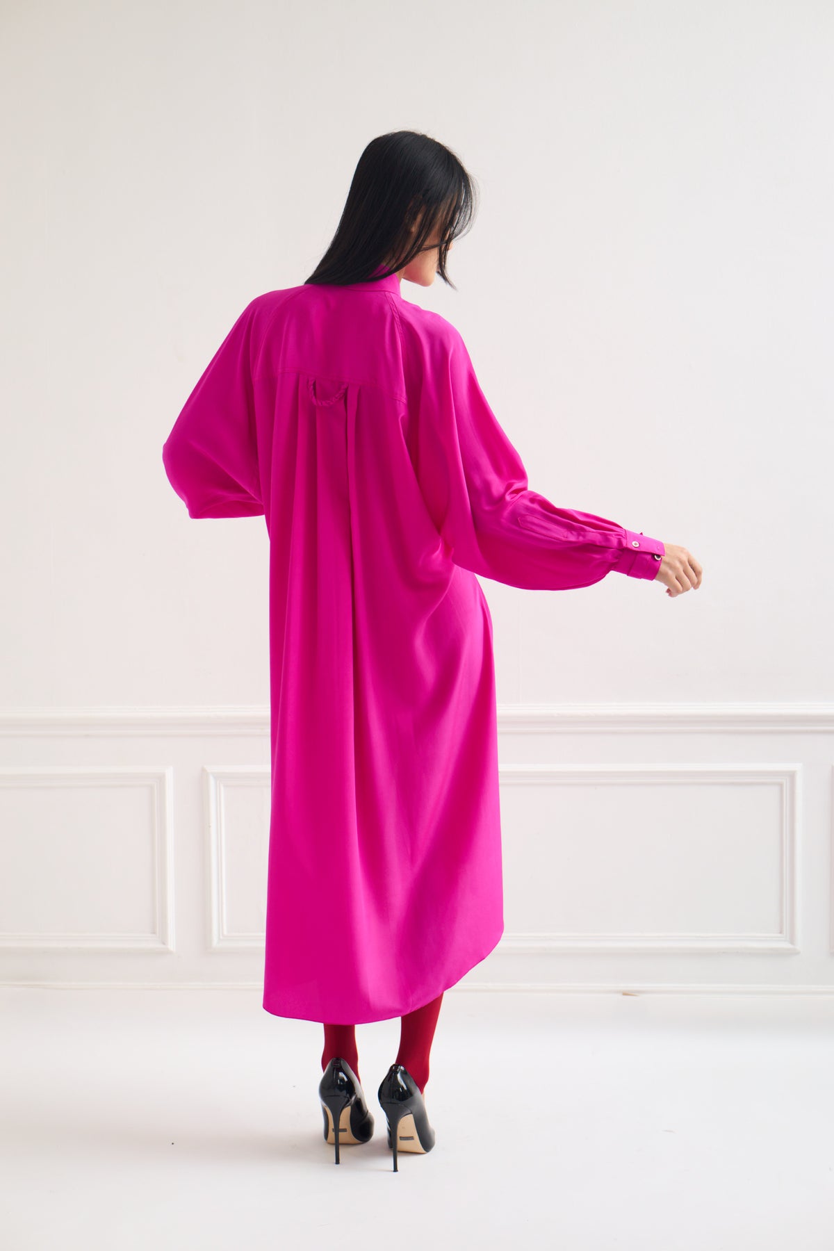 Land - Silk Shirt Dress in Fuchsia