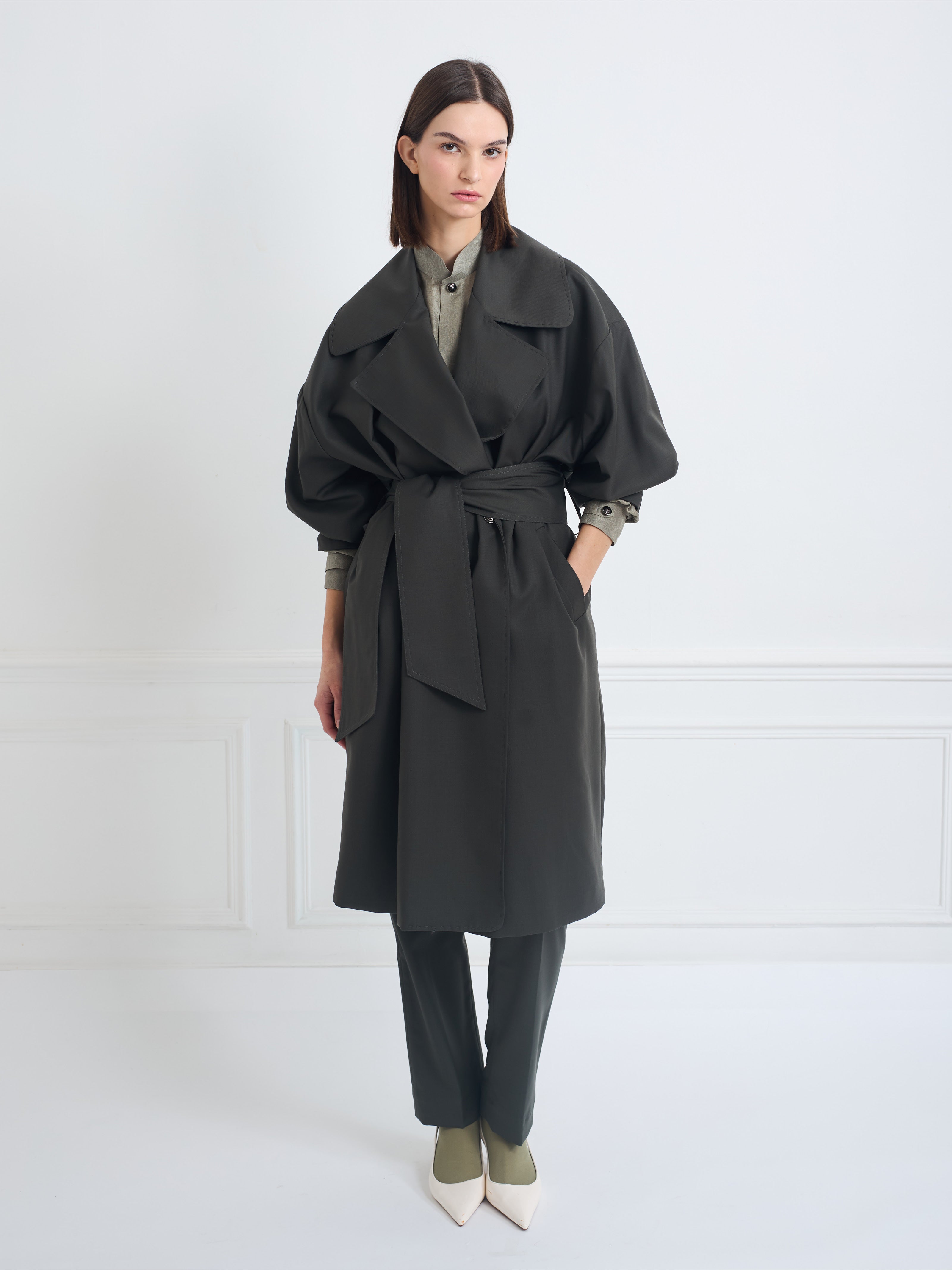CONCORDE khaki - robe trench en laine microfibre