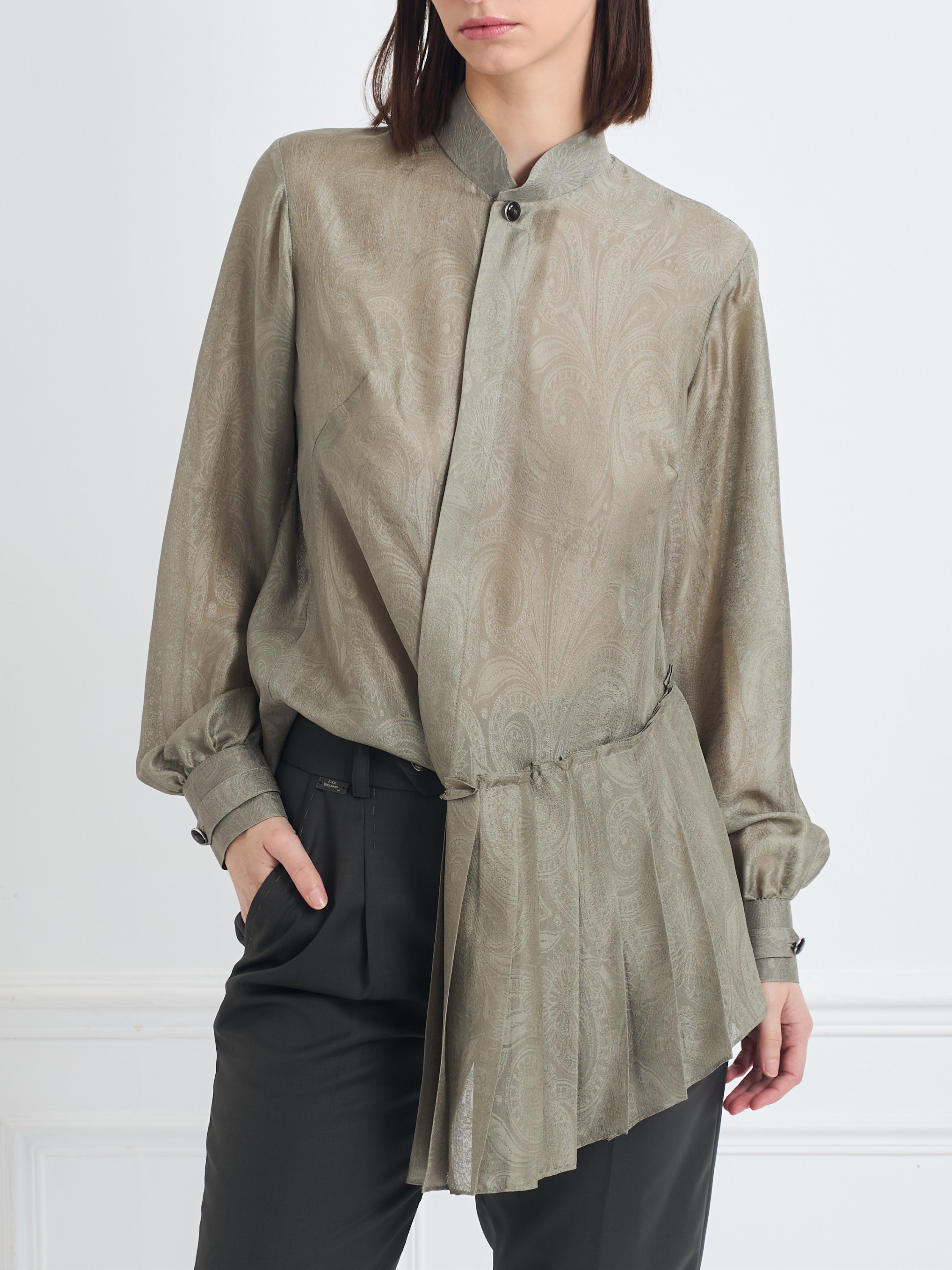 SKY light olive green jacquard - silk asymmetrical pleated blouse