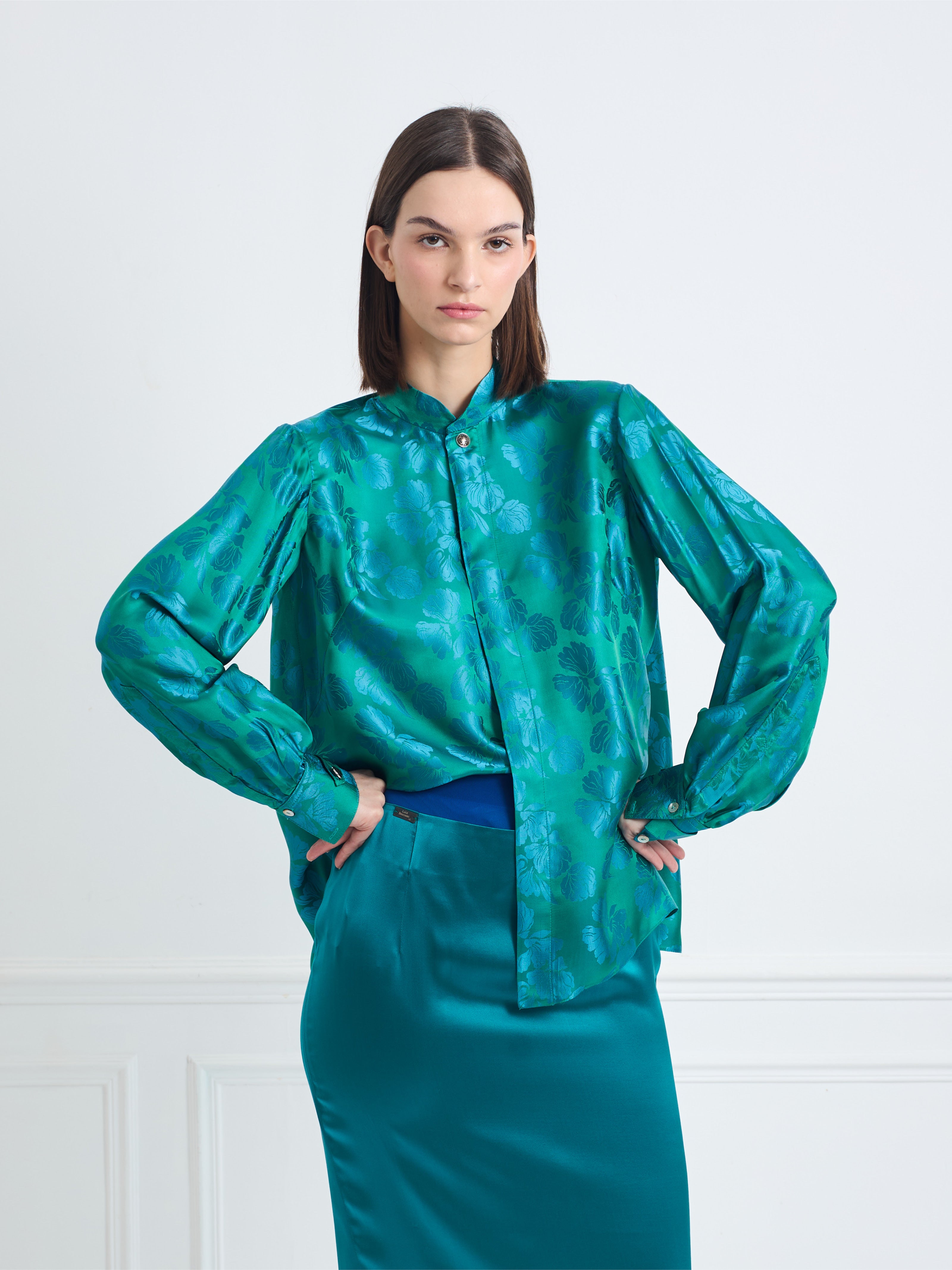 SKY B tropical jacquard flower - silk blouse