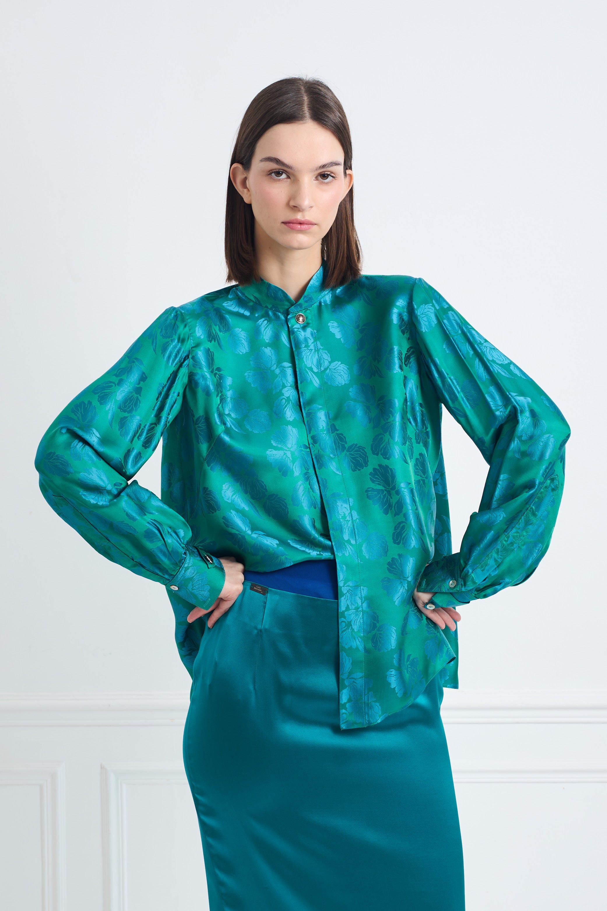 SKY B tropical jacquard flower - silk blouse