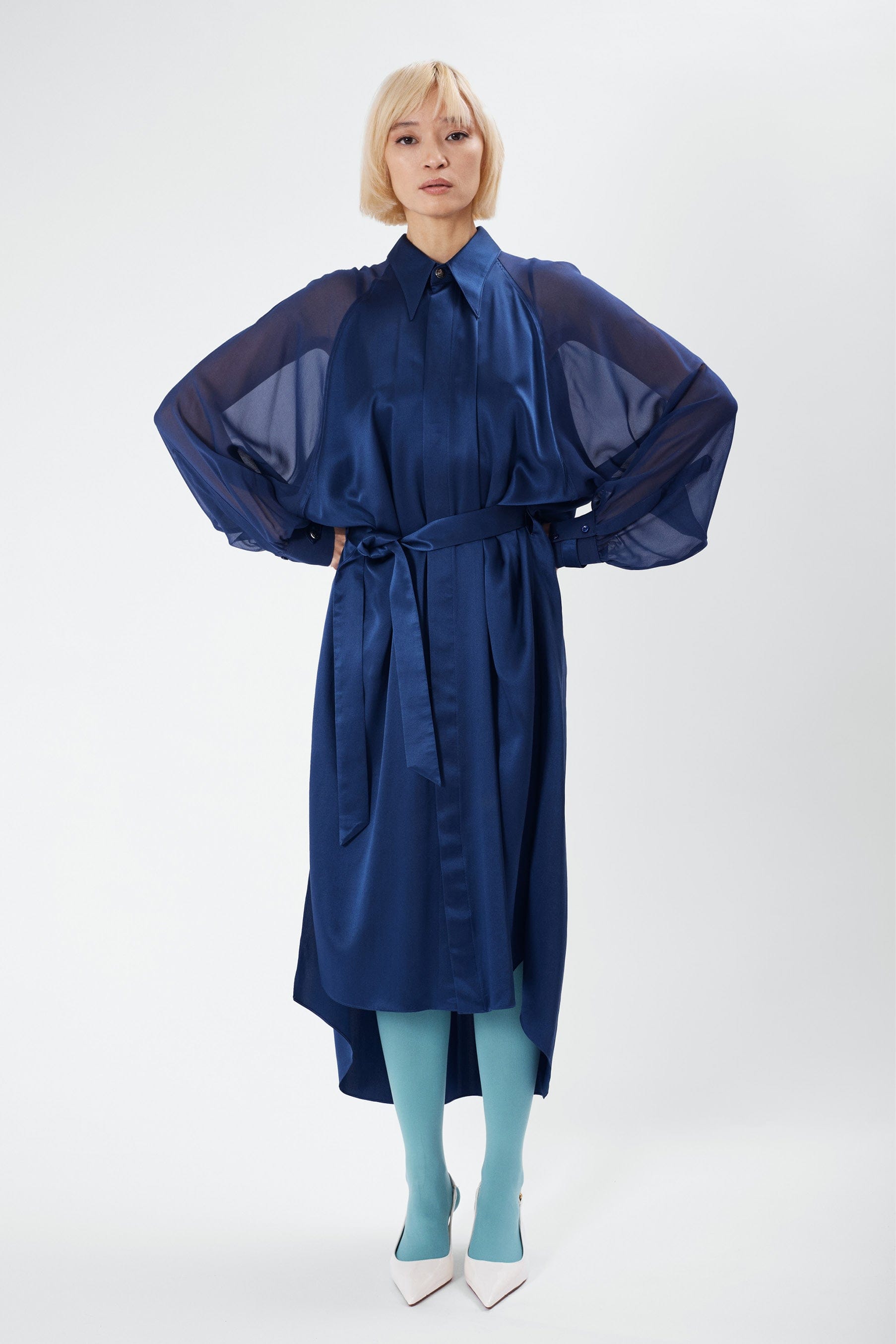 LAND night blue - fluid silk shirt dress