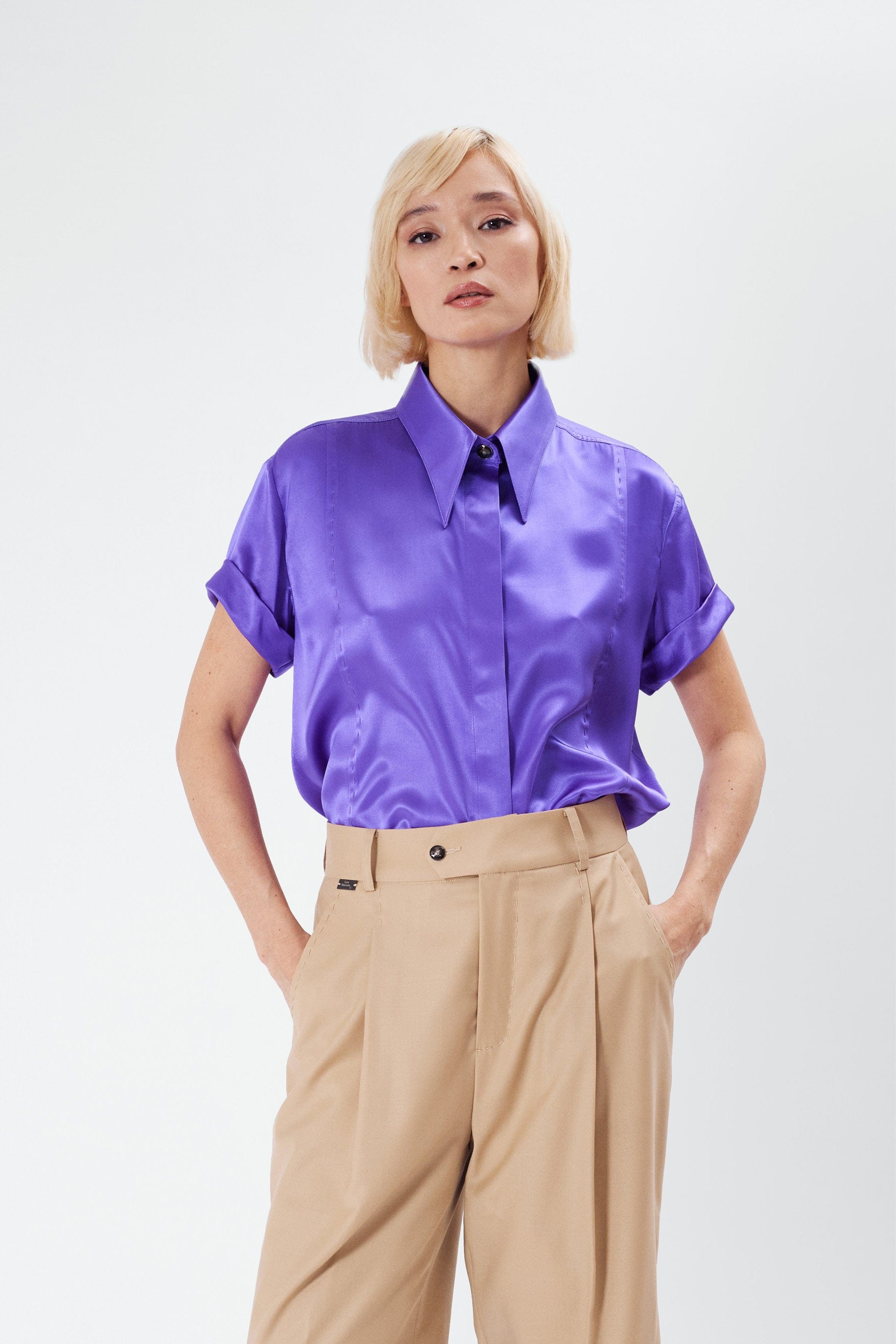 LOCKY purple - silk shirt short sleeves
