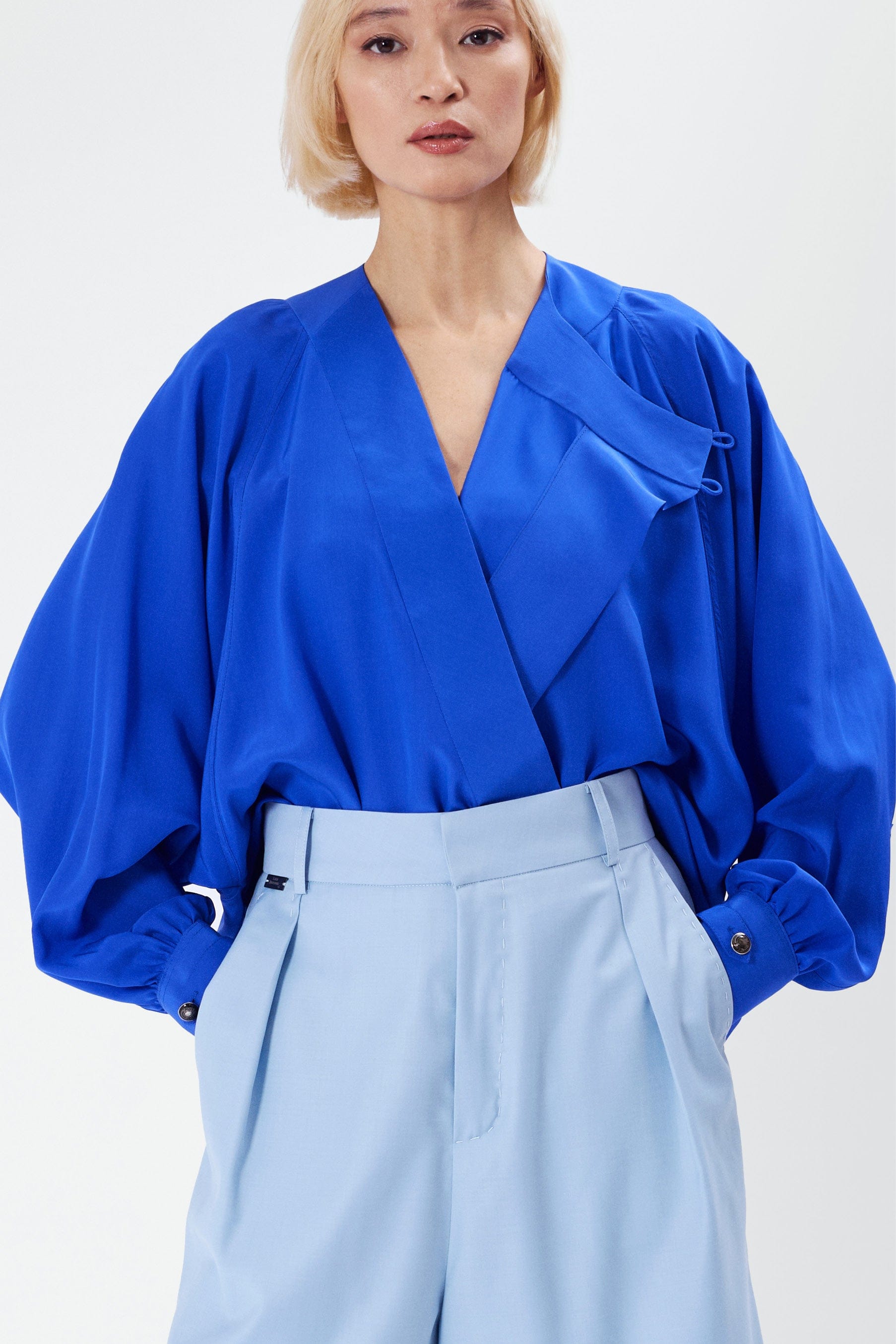 TONI electric blue - wrap silk blouse