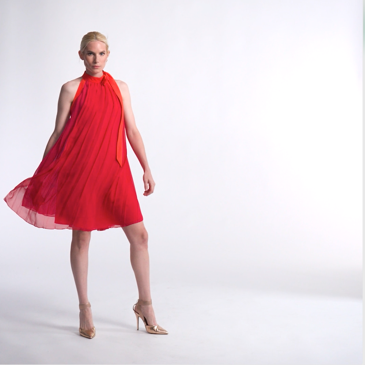 LUCIE pleats fluid dress, red, fuchsia, corail