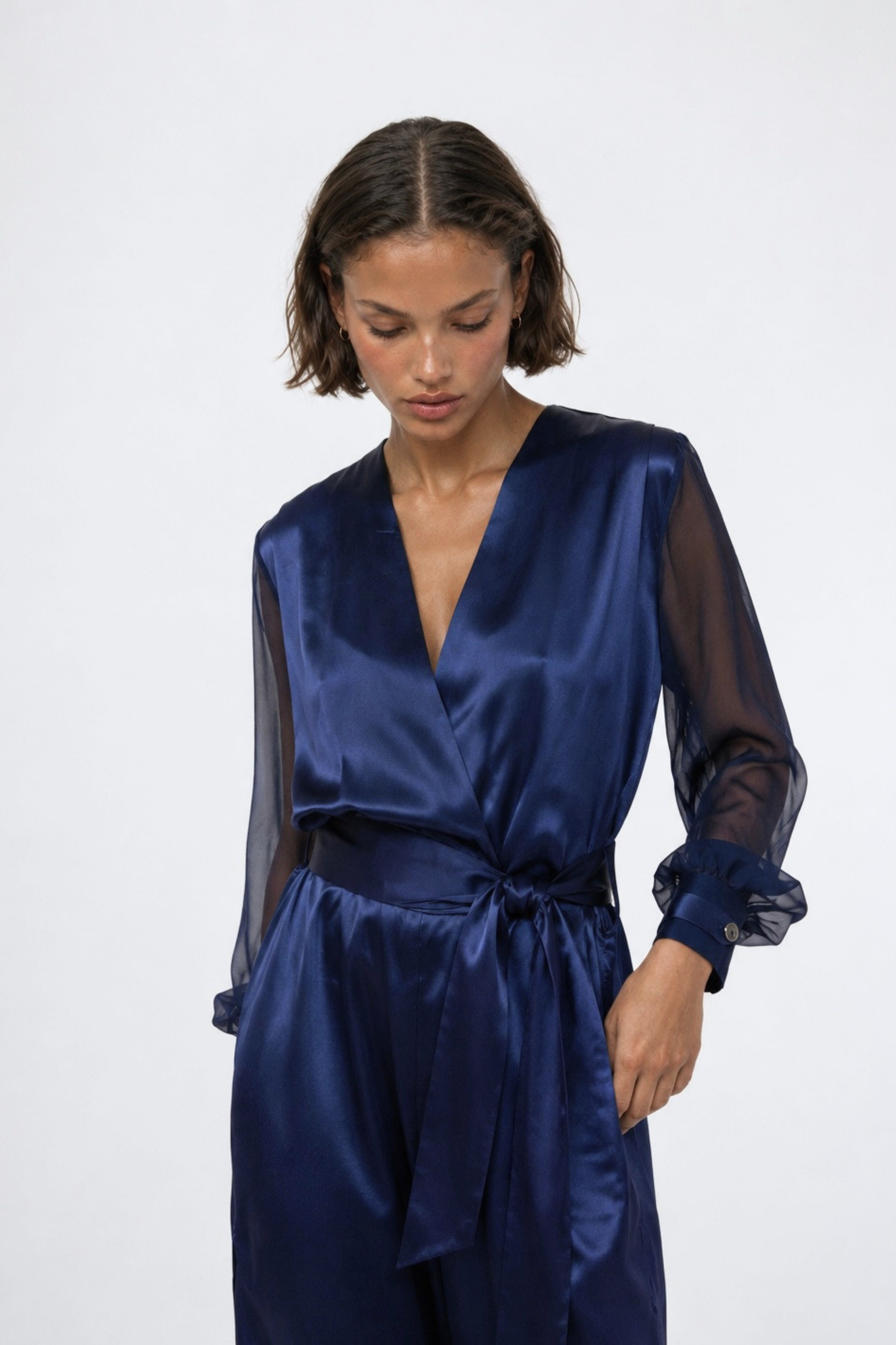 SAN FRANCISCO — Robe portefeuille en satin et mousseline de soie night blue