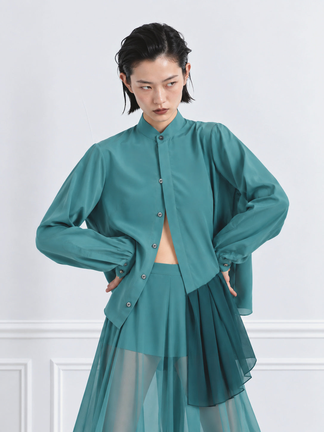 Sky - Asymmetrical Silk Blouse in Light Green