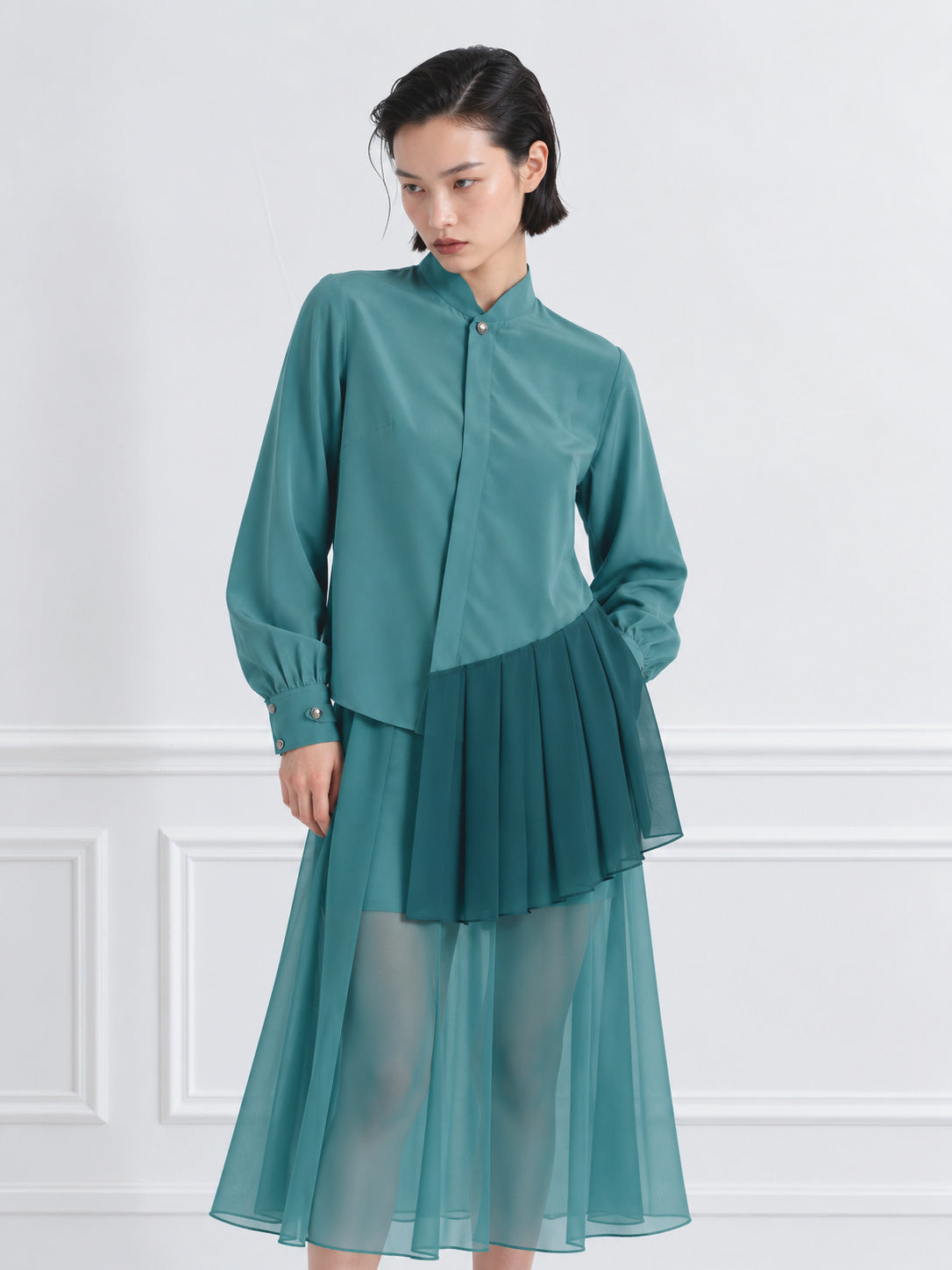 Sky - Asymmetrical Silk Blouse in Light Green
