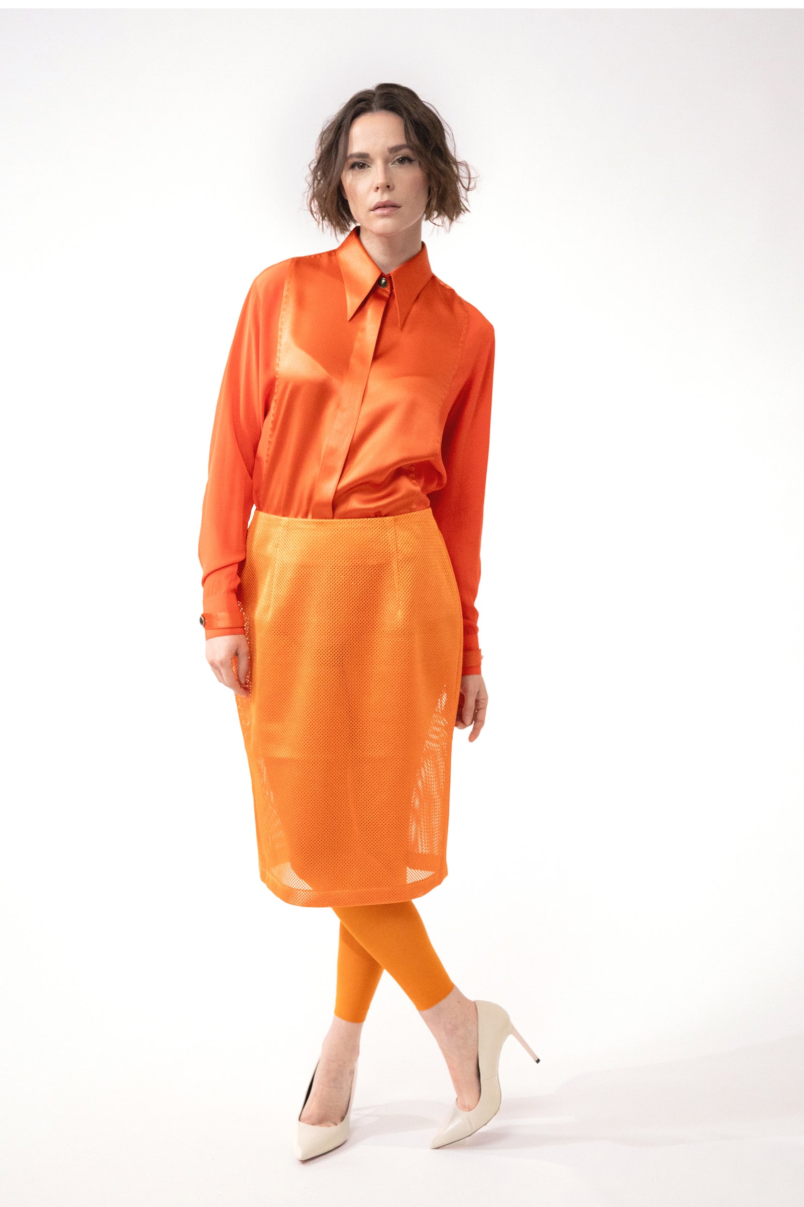 RIVOLI orange mesh midi skirt Lucie Brochard.vo