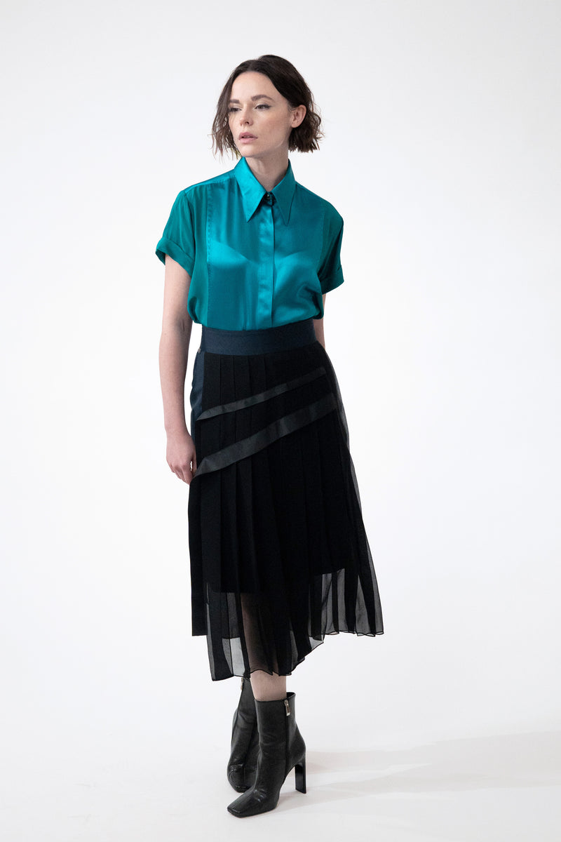 VOLTAIRE bleu petrole jupe tailleur en laine et soie Lucie Brochard.vo