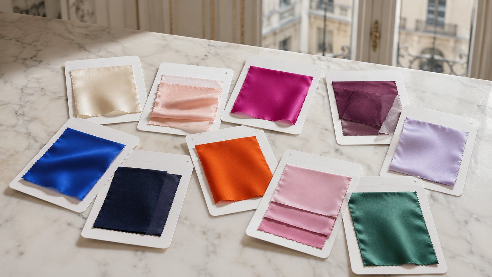 Saturated and quieter silk shades side by side, the house palette