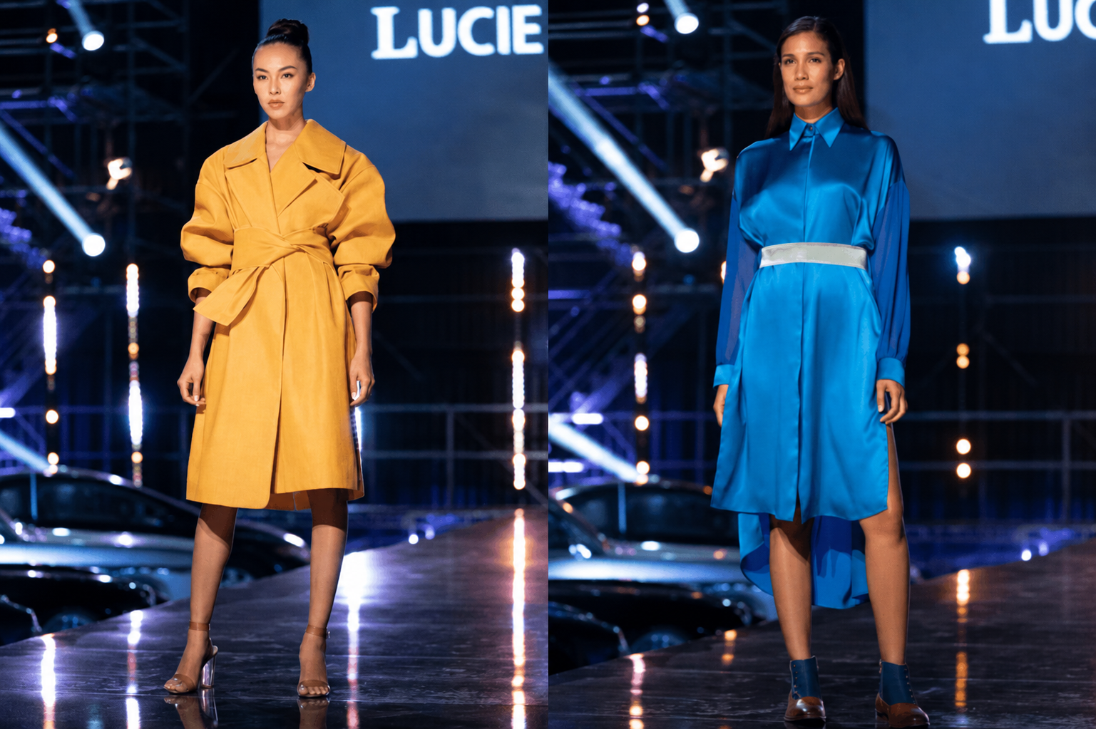 Signature look combining architectural outerwear and pleating
