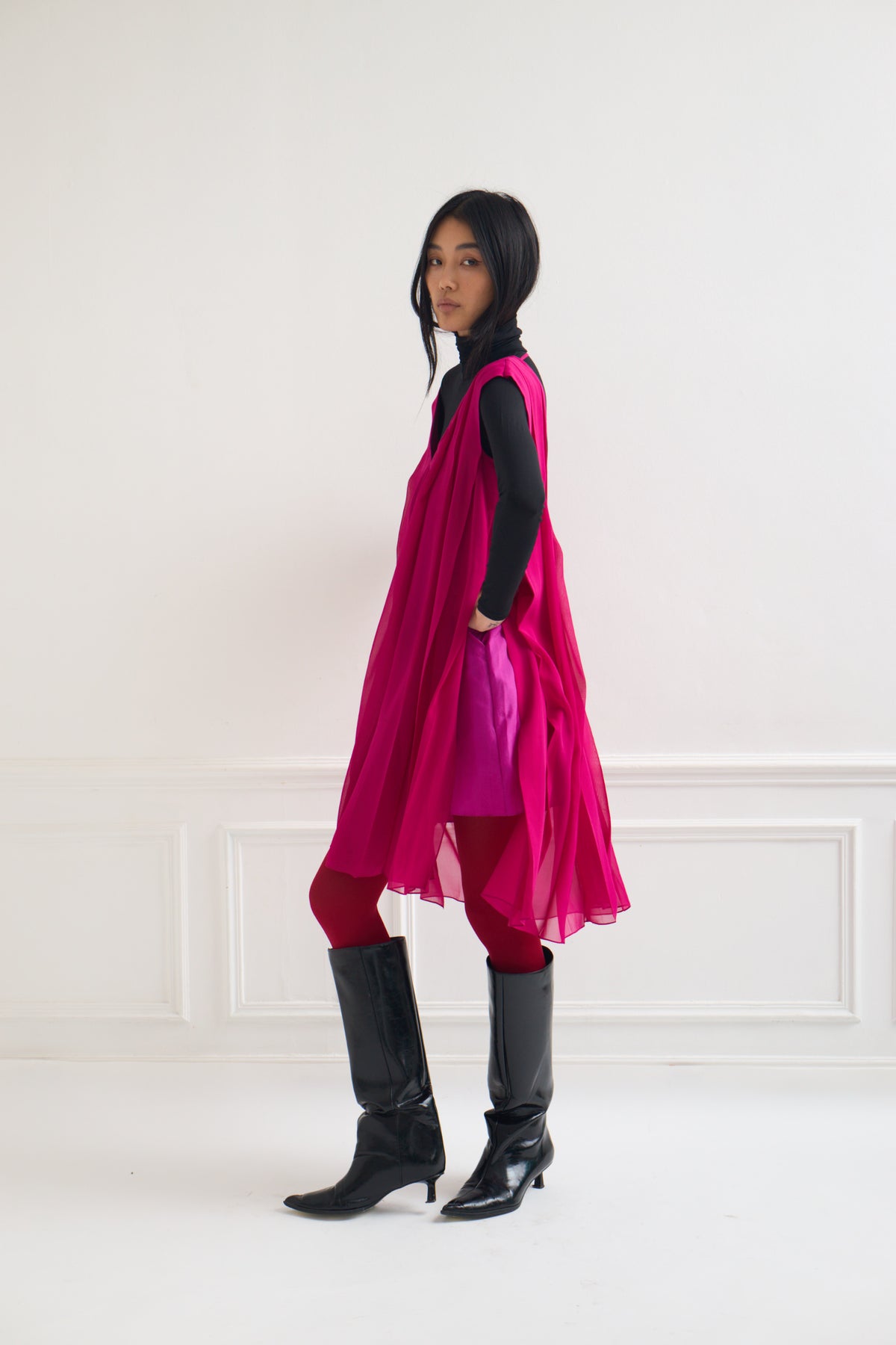 Art Deco - Pleated Silk Chiffon Dress in Rose Fuchsia