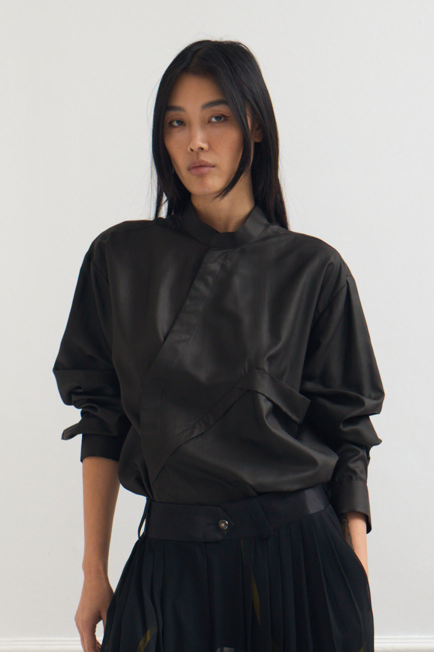 Cross Shirt - Oversize Coated Silk Shirt in Black Bat