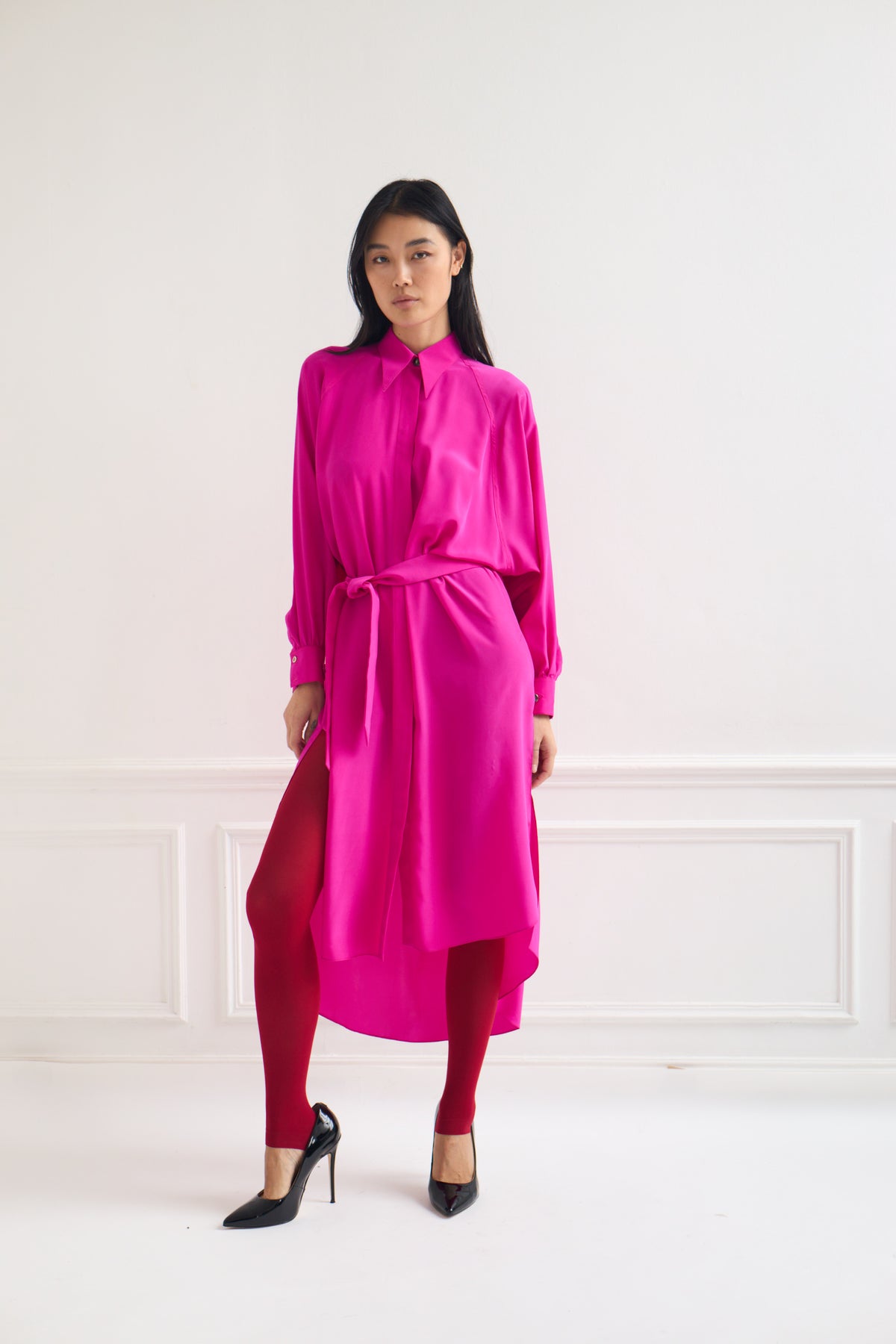 Land - Silk Shirt Dress in Fuchsia