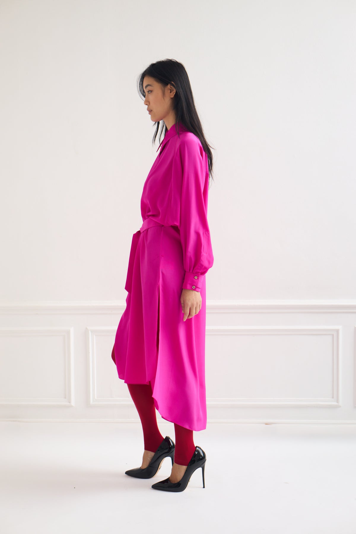 Land - Silk Shirt Dress in Fuchsia