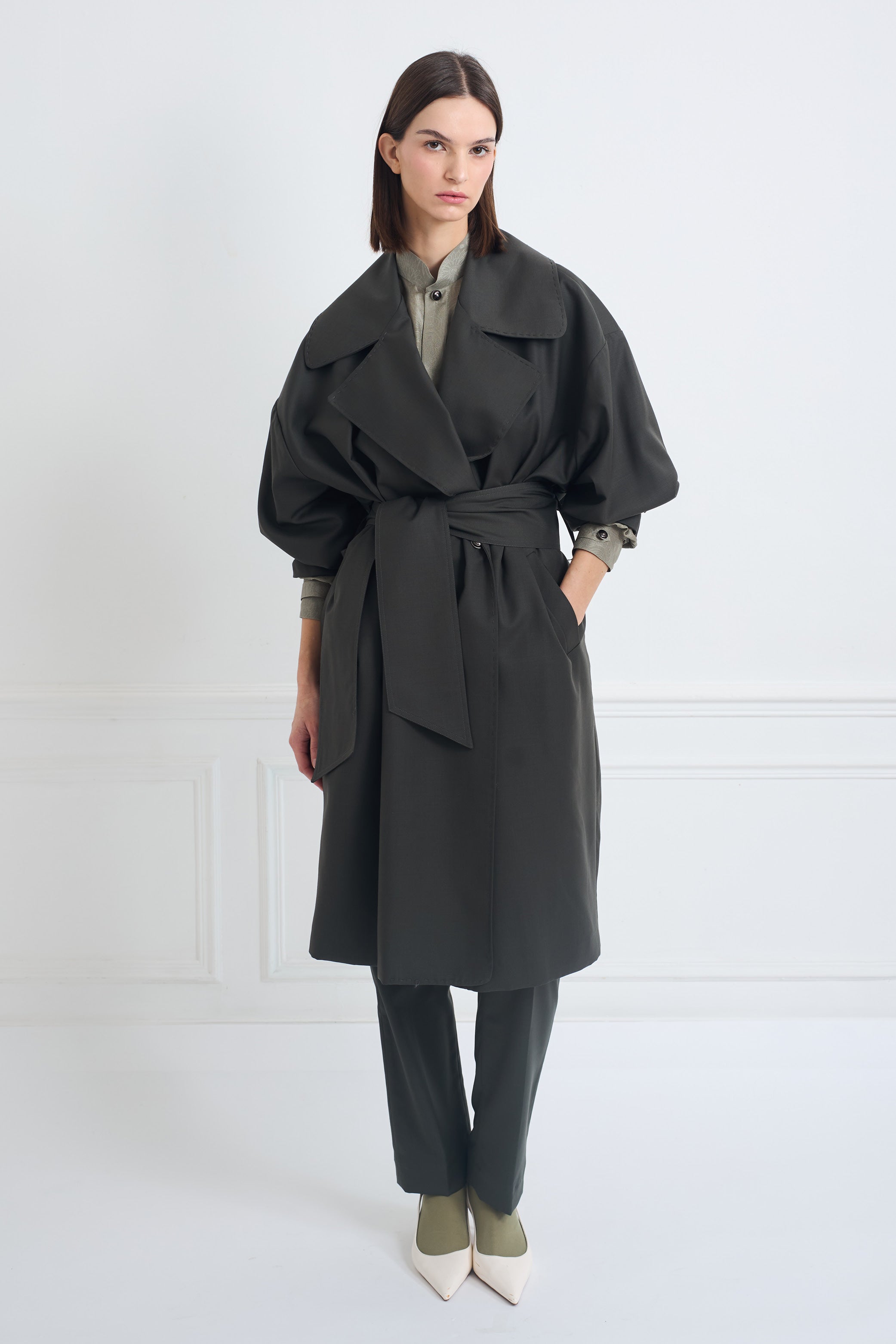 CONCORDE khaki - robe trench en laine microfibre
