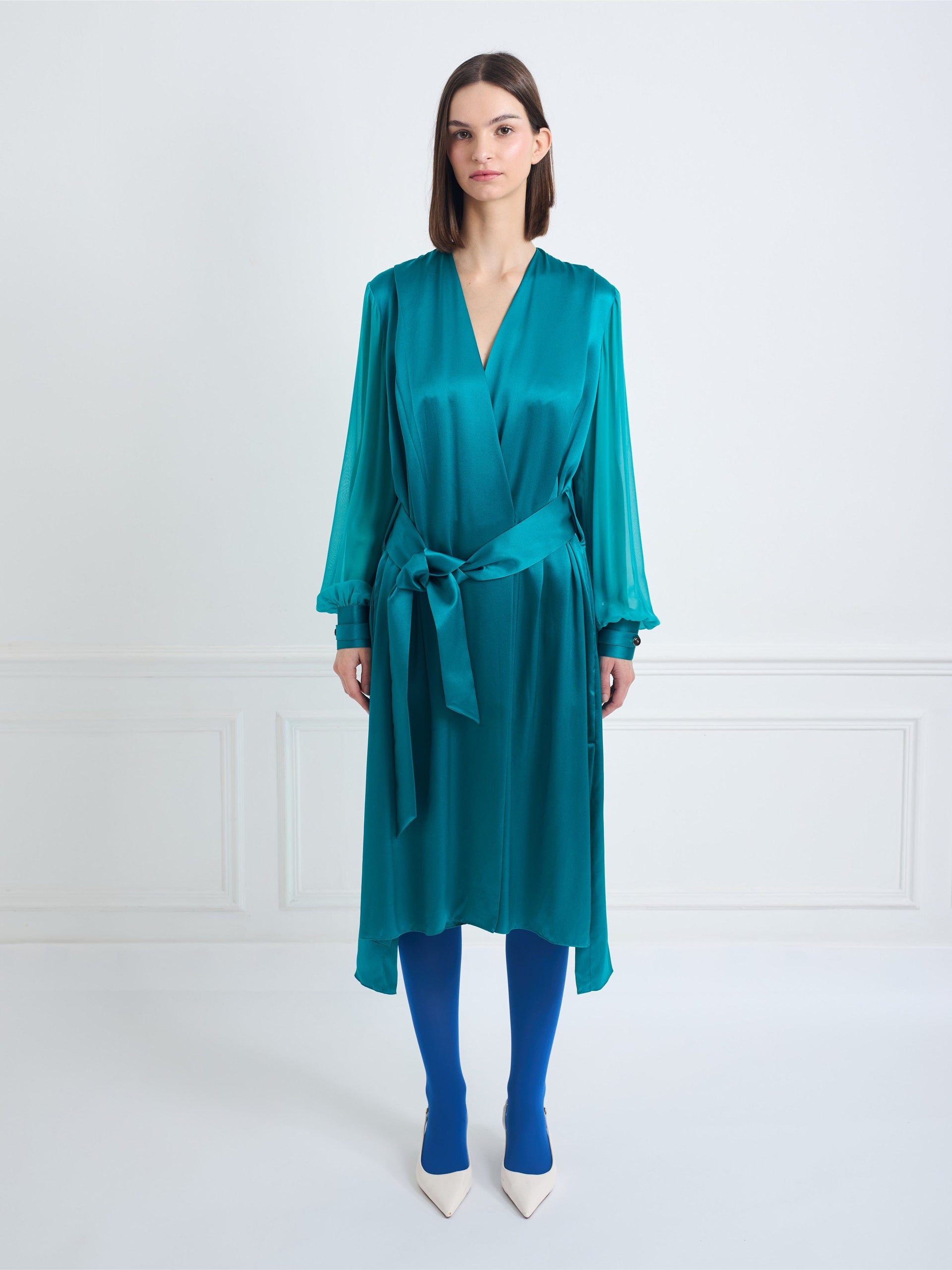 satin wrap dress long sleeve SAN FRANCISCO fresh green - silk sleeves Silhouette_Long Maria Primary color:Cinnamon neckline complements the relaxed Red Dresses for Women