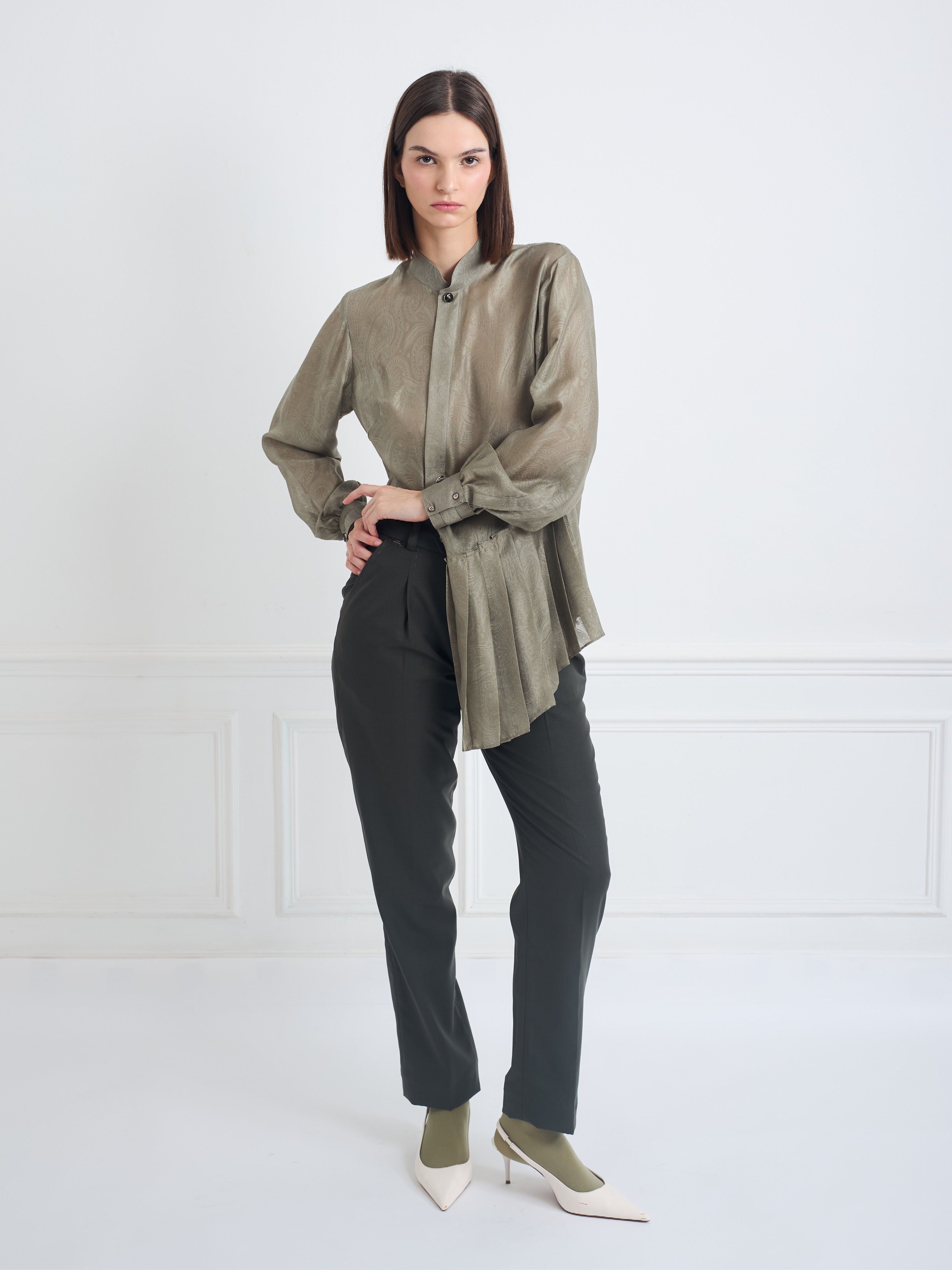 SKY light olive green jacquard - silk asymmetrical pleated blouse