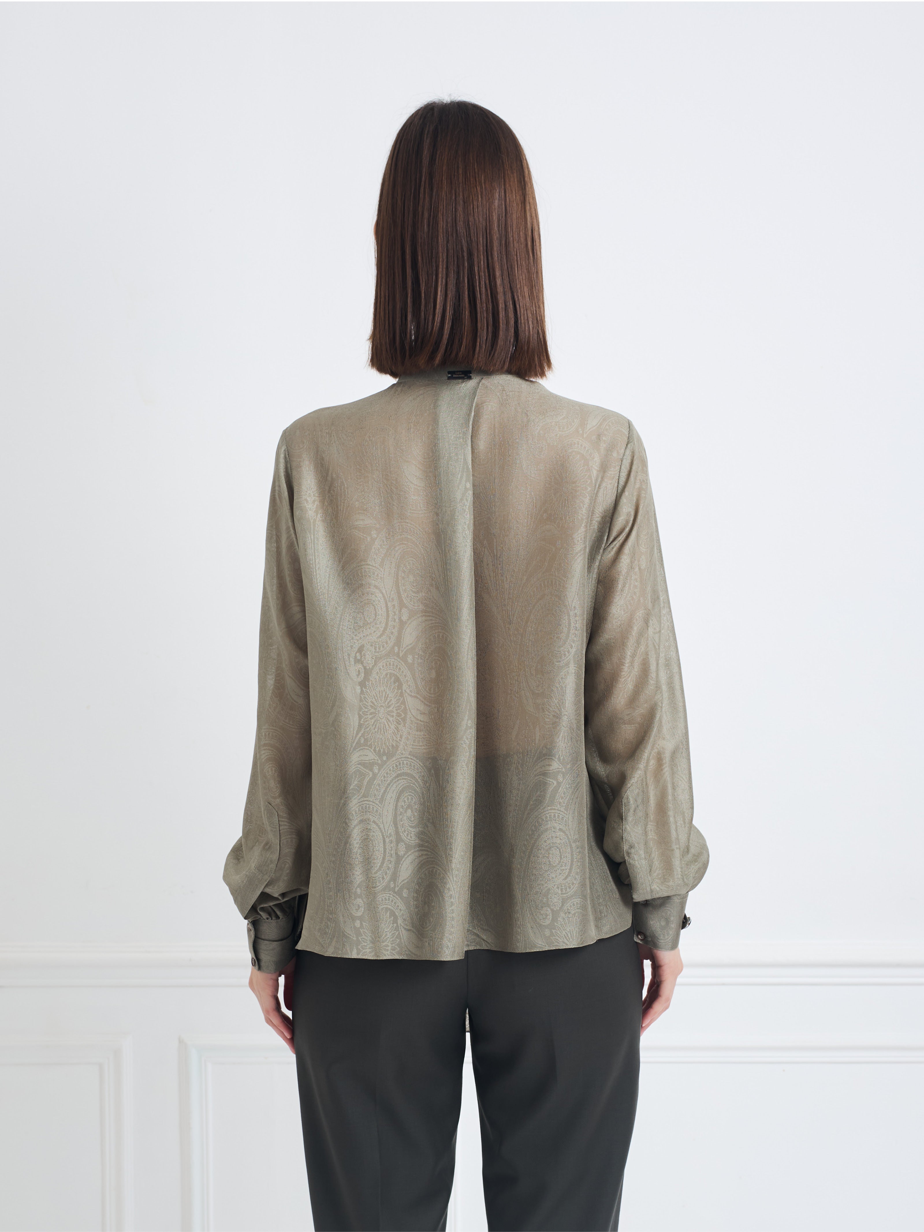 SKY light olive green jacquard - silk asymmetrical pleated blouse