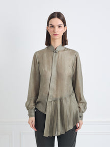 Sky - Asymmetrical Silk Blouse in Light Olive Jacquard