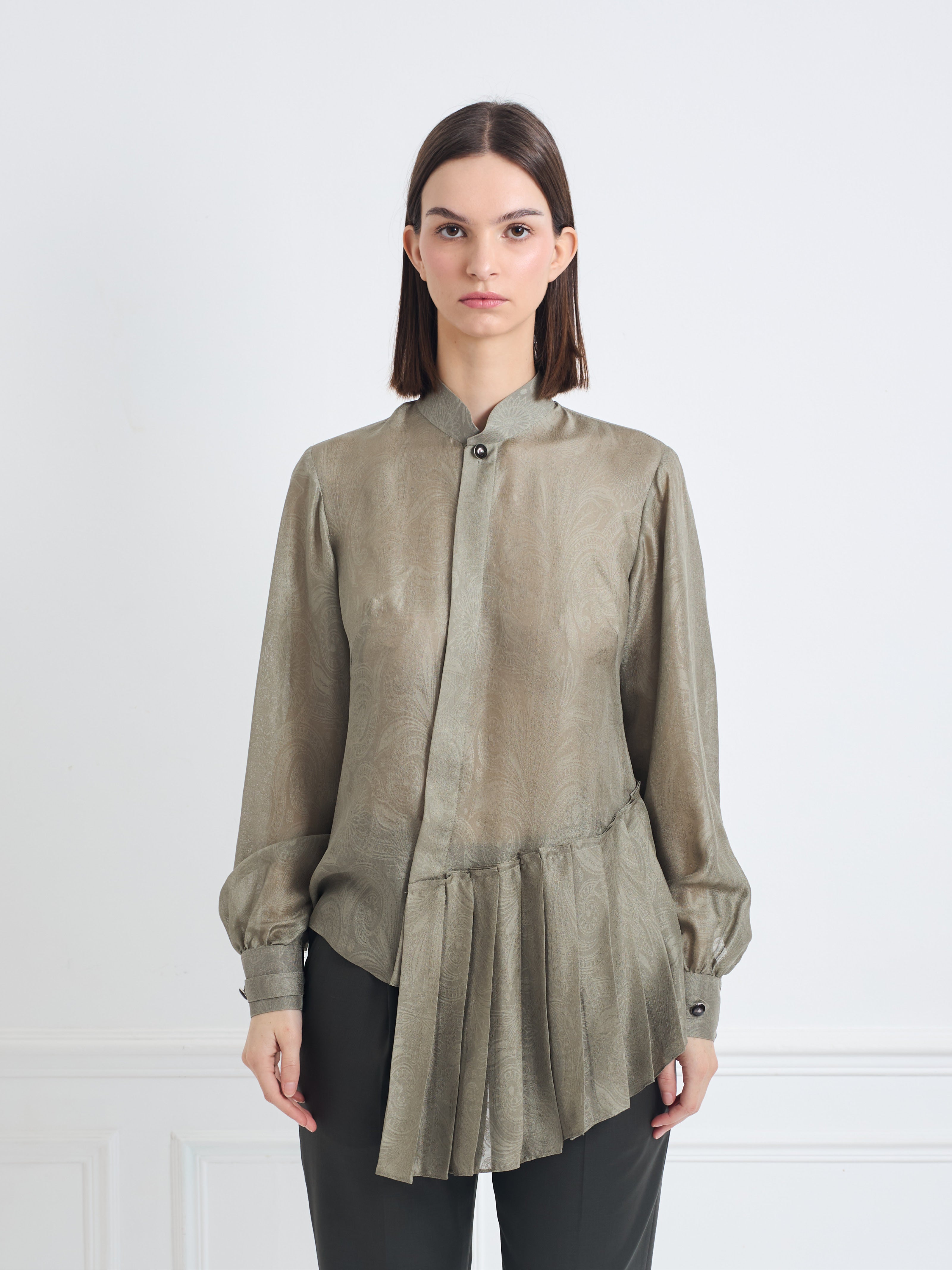 SKY light olive green jacquard - silk asymmetrical pleated blouse