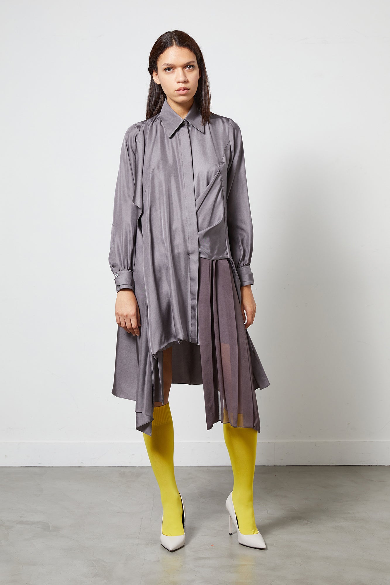 CHARLOT gris - Robe chemise conceptuelle en soie