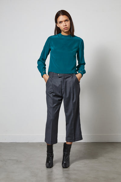 WON jade silk top + SOHO grey pant suit