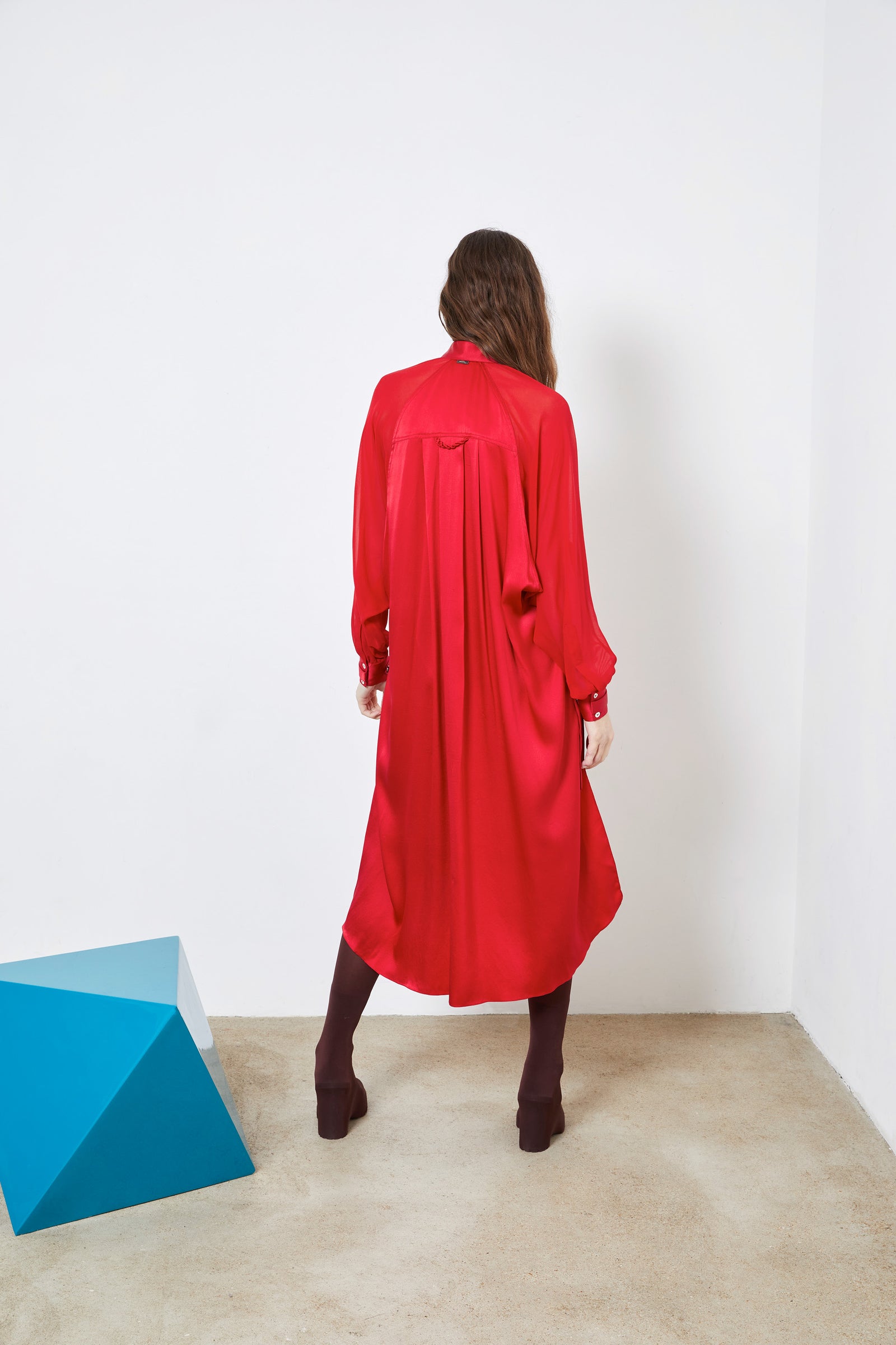 LAND red fluid silk shirt dress